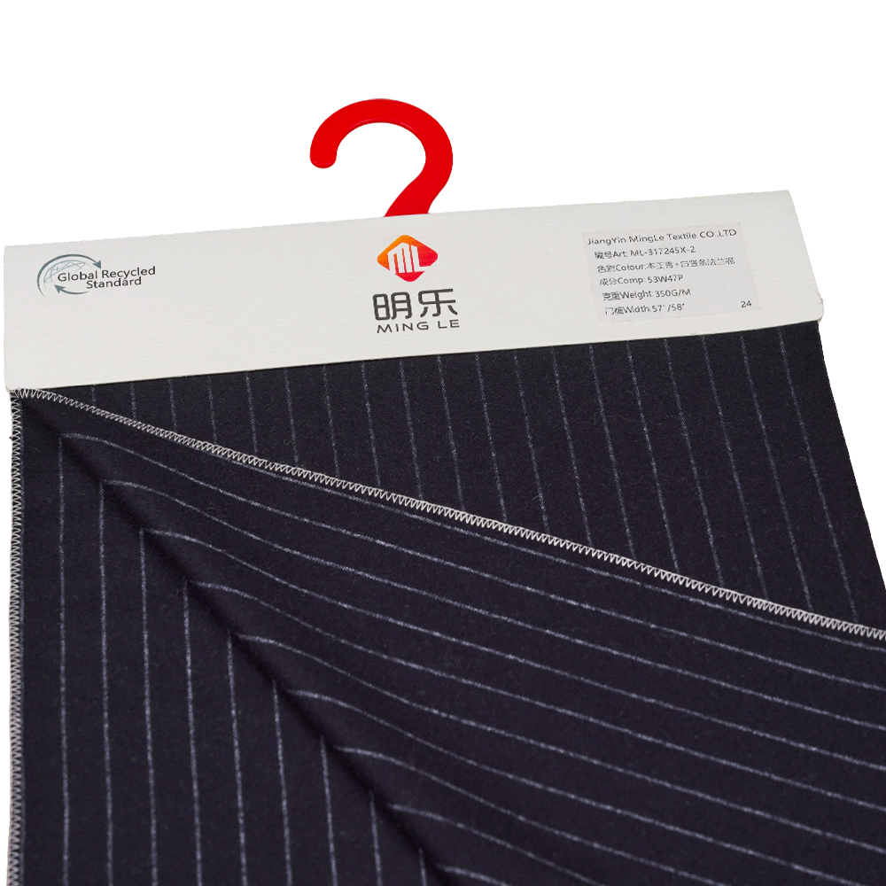 53% wol, 47% polyester, 350 g/ml, Zhiqing + witte, verticaal gestreepte flanellen stof, ML-317245X-2